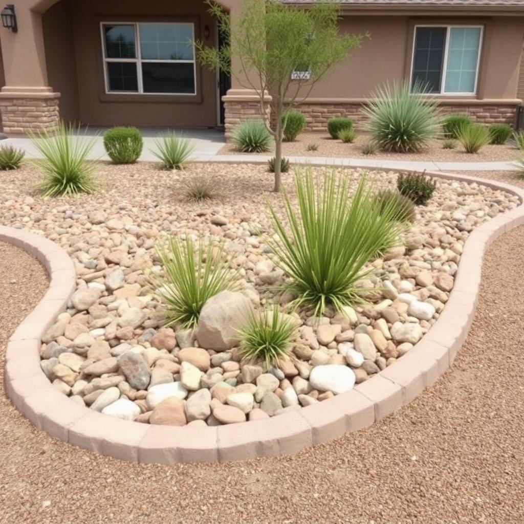 Decorative river rock front yard