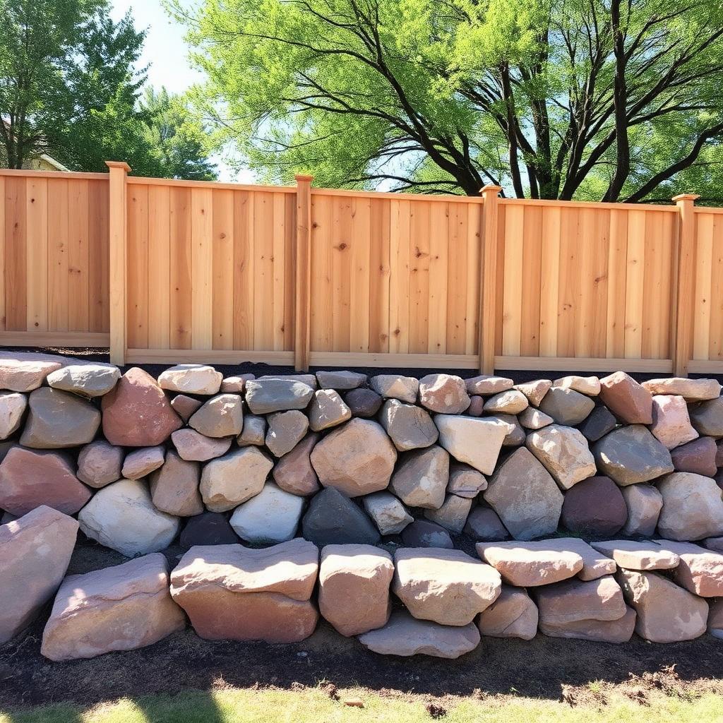 Wood privacy fence on rock wall